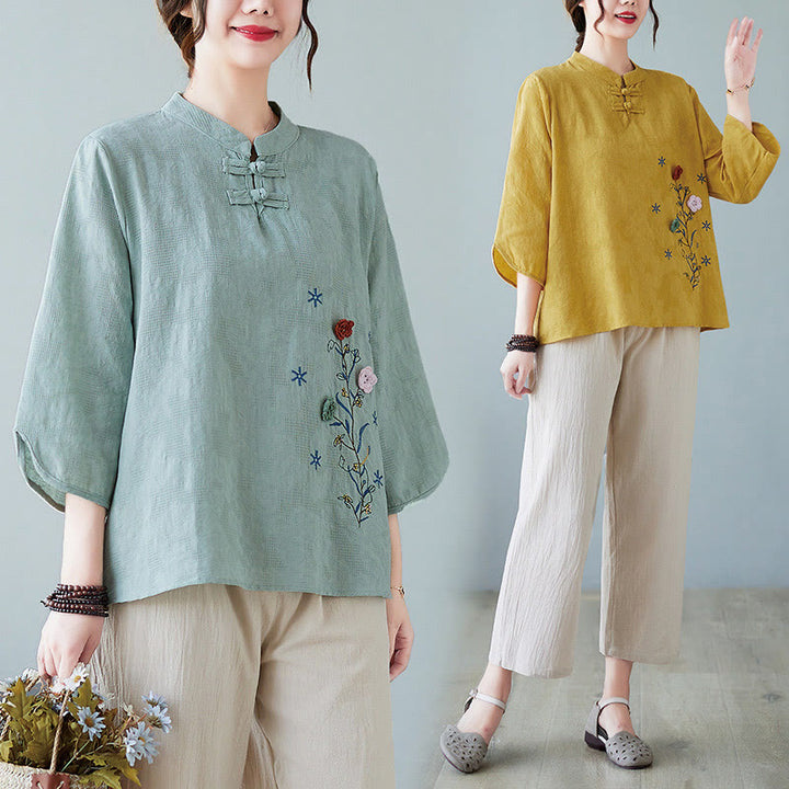Camicia da donna in lino di cotone con bottoni a rana, manica a tre quarti, ricamo stereoscopico floreale estivo vintage Buddha Stones - image 4