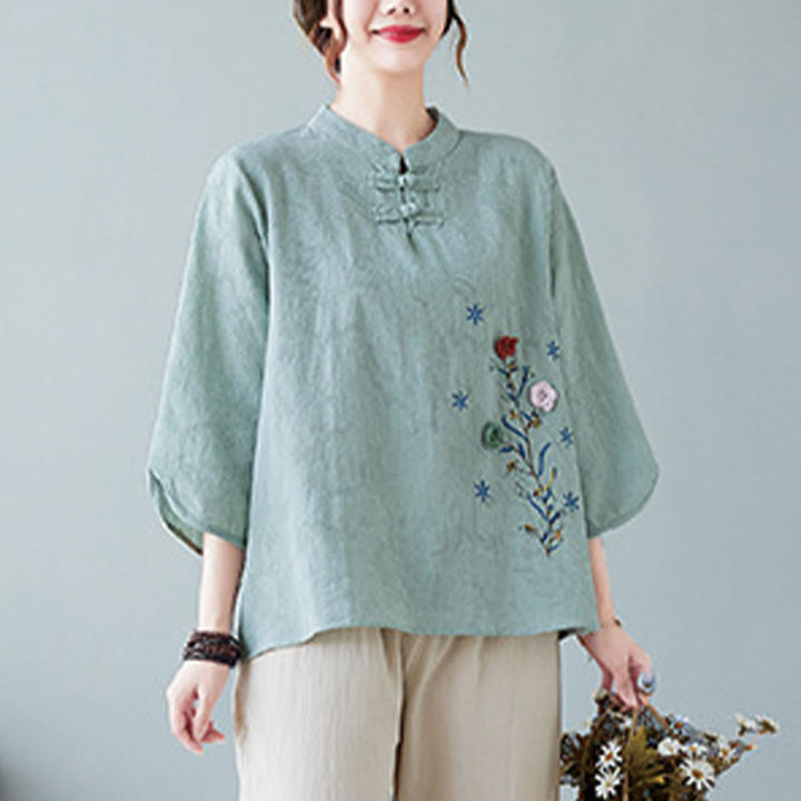 Camicia da donna in lino di cotone con bottoni a rana, manica a tre quarti, ricamo stereoscopico floreale estivo vintage Buddha Stones - image 18