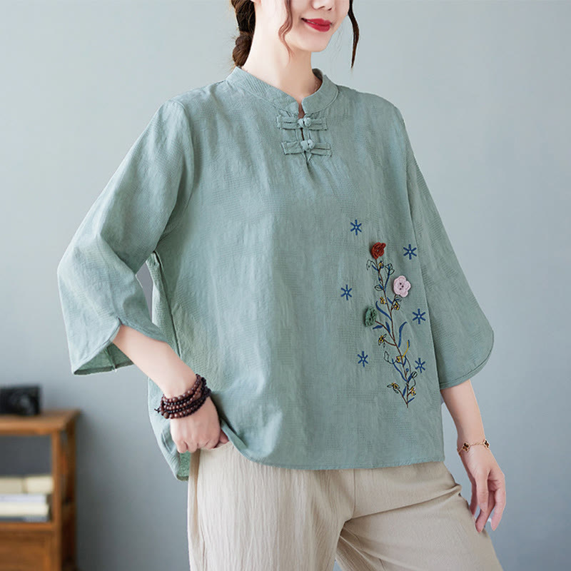 Camicia da donna in lino di cotone con bottoni a rana, manica a tre quarti, ricamo stereoscopico floreale estivo vintage Buddha Stones - Turchese medio - US12, UK/AU16, EU44 (3XL) - image 17