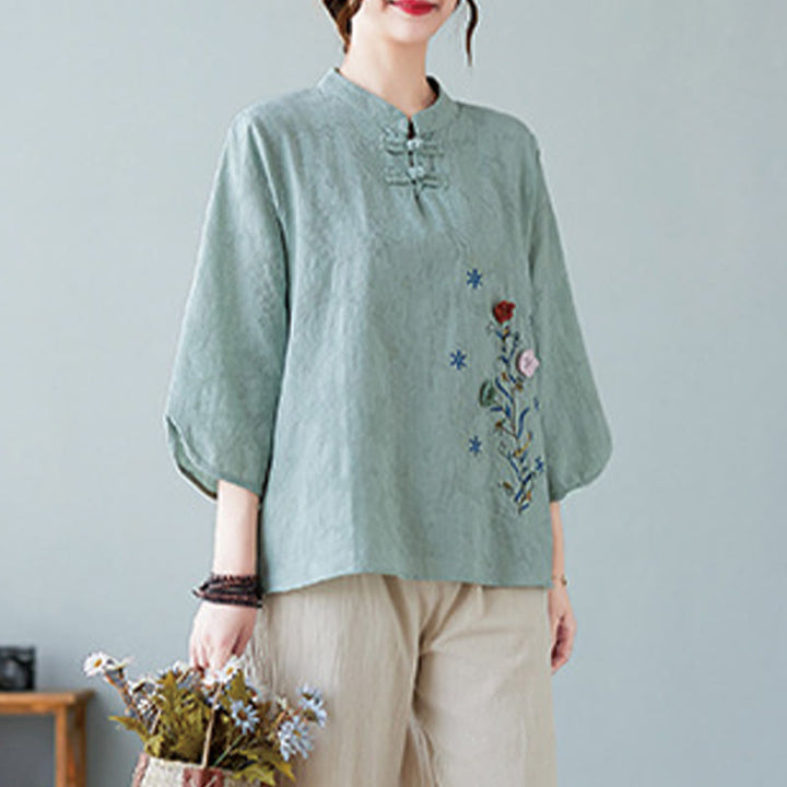 Camicia da donna in lino di cotone con bottoni a rana, manica a tre quarti, ricamo stereoscopico floreale estivo vintage Buddha Stones - image 19