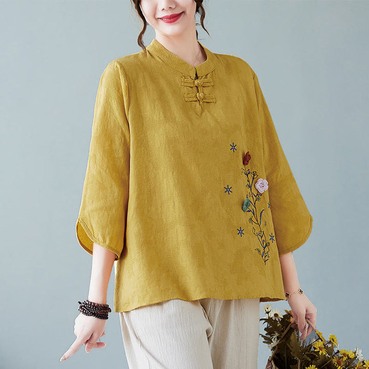 Camicia da donna in lino di cotone con bottoni a rana, manica a tre quarti, ricamo stereoscopico floreale estivo vintage Buddha Stones - Verga d'oro - US12, UK/AU16, EU44 (3XL) - image 0