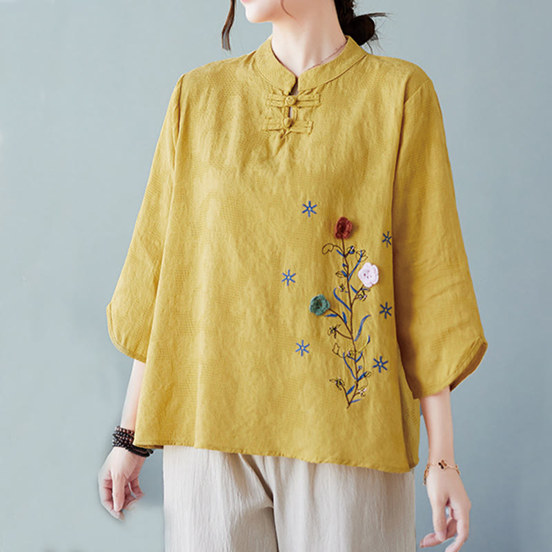 Camicia da donna in lino di cotone con bottoni a rana, manica a tre quarti, ricamo stereoscopico floreale estivo vintage Buddha Stones - image 1