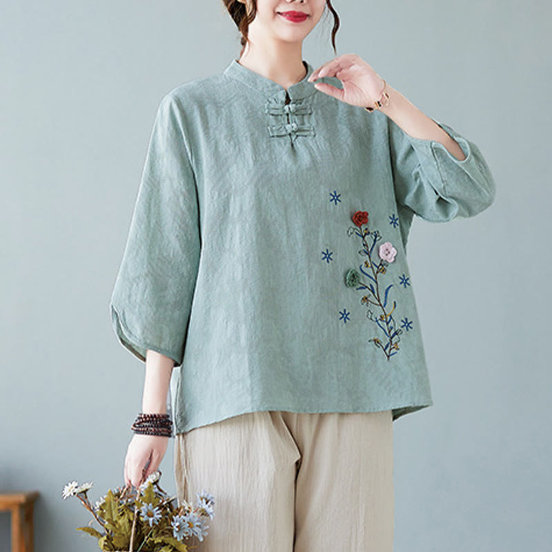 Camicia da donna in lino di cotone con bottoni a rana, manica a tre quarti, ricamo stereoscopico floreale estivo vintage Buddha Stones - image 20