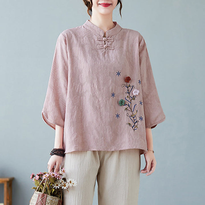 Camicia da donna in lino di cotone con bottoni a rana, manica a tre quarti, ricamo stereoscopico floreale estivo vintage Buddha Stones - Rosa chiaro - US12, UK/AU16, EU44 (3XL) - image 5