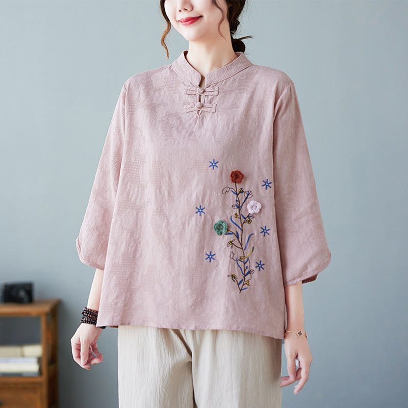 Camicia da donna in lino di cotone con bottoni a rana, manica a tre quarti, ricamo stereoscopico floreale estivo vintage Buddha Stones - image 6