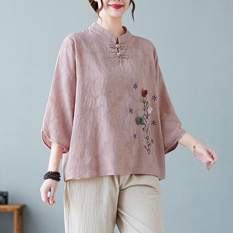 Camicia da donna in lino di cotone con bottoni a rana, manica a tre quarti, ricamo stereoscopico floreale estivo vintage Buddha Stones - image 7