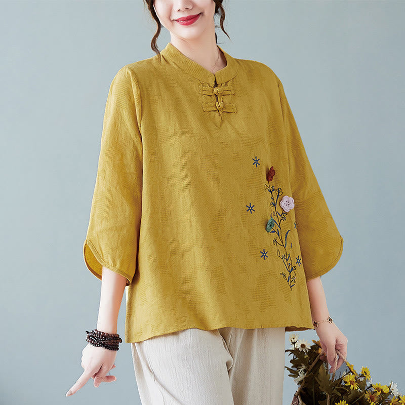 Camicia da donna in lino di cotone con bottoni a rana, manica a tre quarti, ricamo stereoscopico floreale estivo vintage Buddha Stones - Verga d'oro - US12, UK/AU16, EU44 (3XL) - image 0