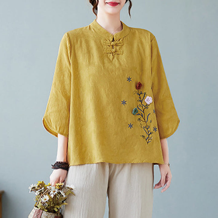 Camicia da donna in lino di cotone con bottoni a rana, manica a tre quarti, ricamo stereoscopico floreale estivo vintage Buddha Stones - image 2