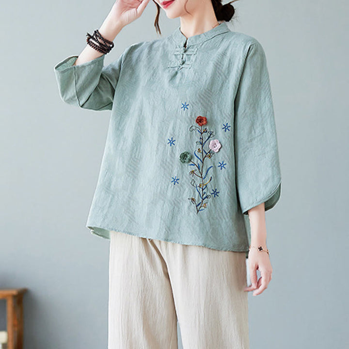 Camicia da donna in lino di cotone con bottoni a rana, manica a tre quarti, ricamo stereoscopico floreale estivo vintage Buddha Stones - image 22