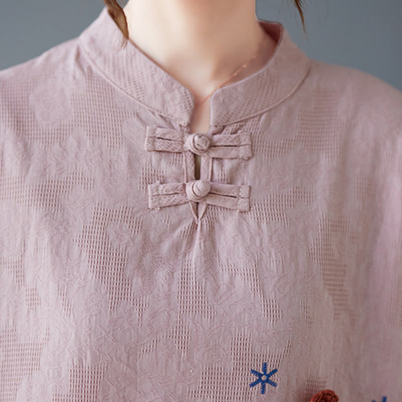 Camicia da donna in lino di cotone con bottoni a rana, manica a tre quarti, ricamo stereoscopico floreale estivo vintage Buddha Stones - image 9