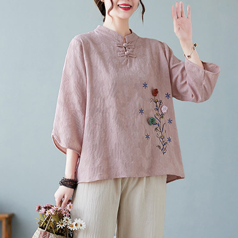Camicia da donna in lino di cotone con bottoni a rana, manica a tre quarti, ricamo stereoscopico floreale estivo vintage Buddha Stones - image 8