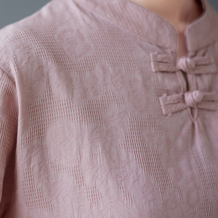 Camicia da donna in lino di cotone con bottoni a rana, manica a tre quarti, ricamo stereoscopico floreale estivo vintage Buddha Stones - image 10