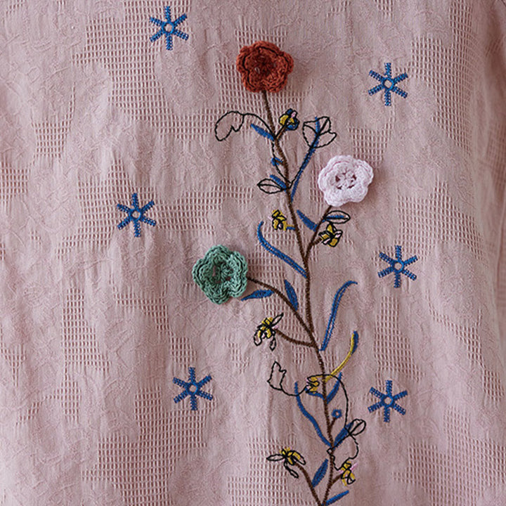 Camicia da donna in lino di cotone con bottoni a rana, manica a tre quarti, ricamo stereoscopico floreale estivo vintage Buddha Stones - image 13