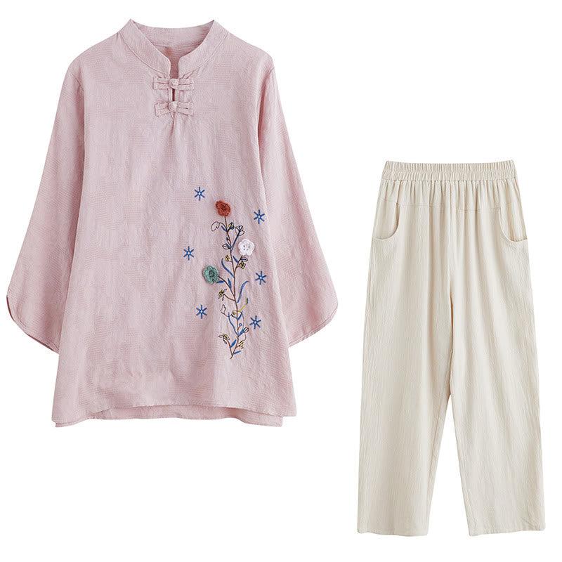 Camicia da donna in lino di cotone con bottoni a rana, manica a tre quarti, ricamo stereoscopico floreale estivo vintage Buddha Stones - image 16