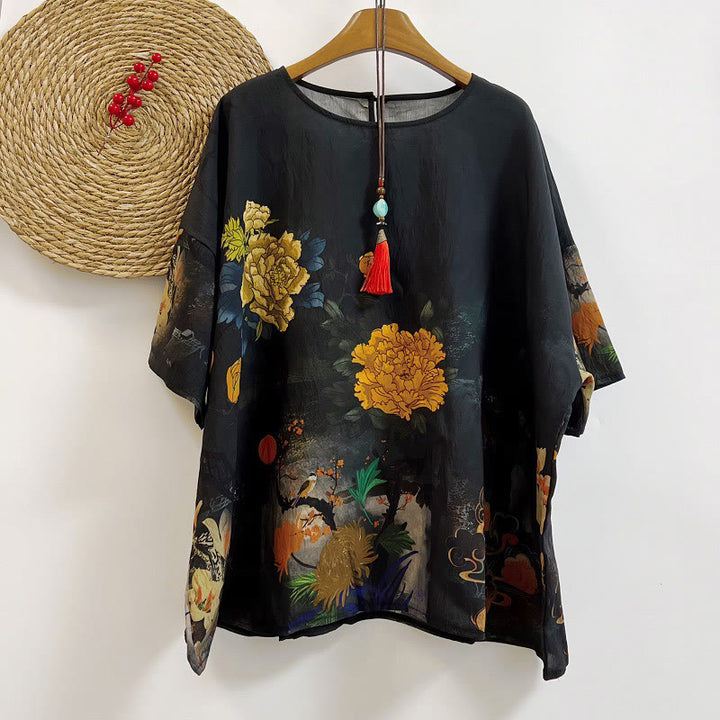Maglietta casual da donna in poliestere con scollo a giro e maniche corte, stampata con Buddha Stones , nuvole di buon auspicio, vari petali