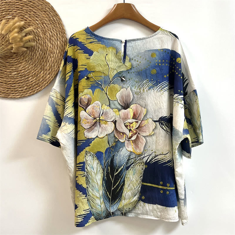 Maglietta da donna in poliestere con scollo a giro e maniche corte, motivo : Buddha Stones, casual, con fiori, foglie e piume