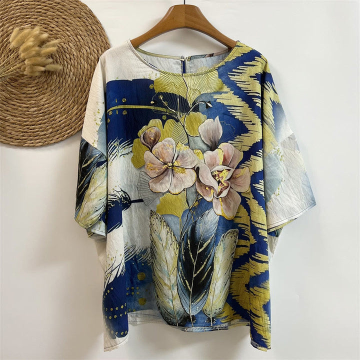 Maglietta da donna in poliestere con scollo a giro e maniche corte, motivo : Buddha Stones, casual, con fiori, foglie e piume