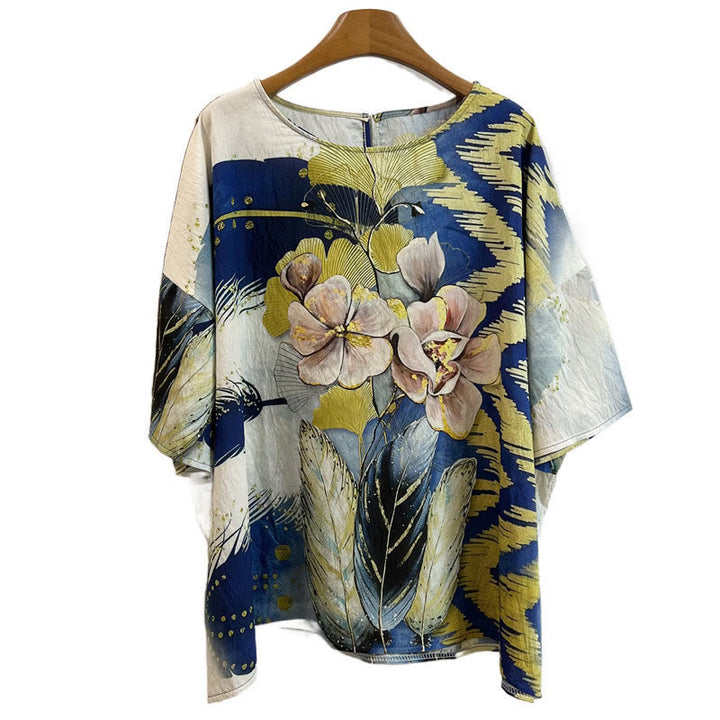 Maglietta da donna in poliestere con scollo a giro e maniche corte, motivo : Buddha Stones, casual, con fiori, foglie e piume