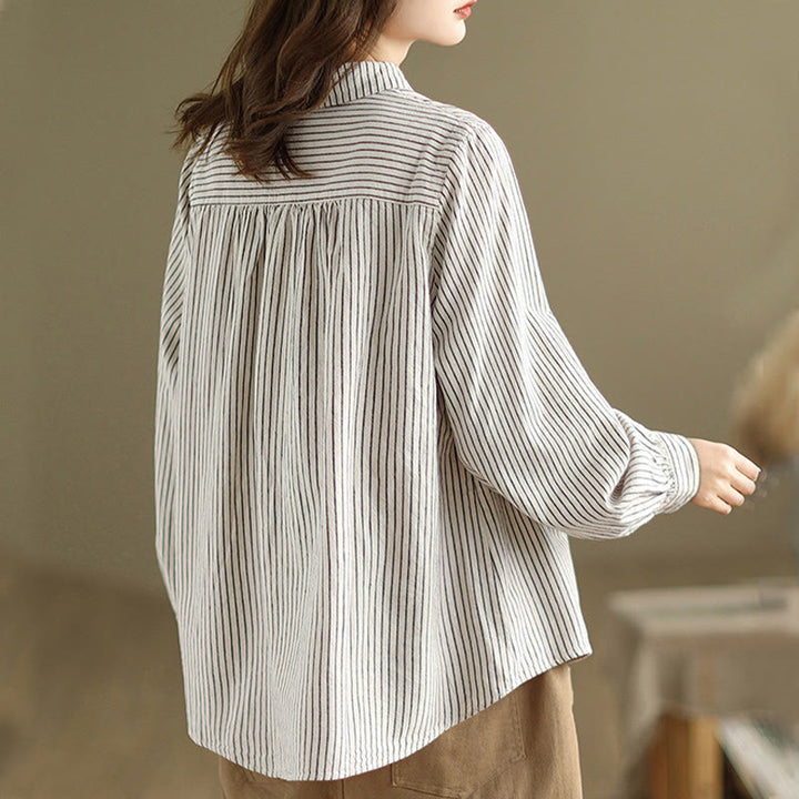 Camicia da donna in lino e cotone con risvolto, a righe, a maniche lunghe, con bottoni, con tasca, motivo a giunture casuali, motivo Buddha Stones Spring - image 7