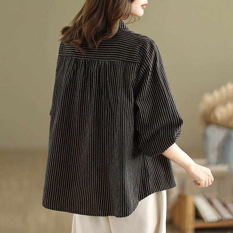 Camicia da donna in lino e cotone con risvolto, a righe, a maniche lunghe, con bottoni, con tasca, motivo a giunture casuali, motivo Buddha Stones Spring - image 2