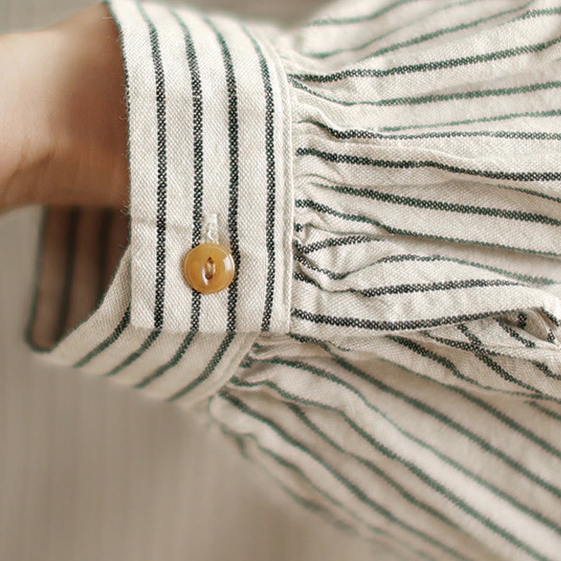 Camicia da donna in lino e cotone con risvolto, a righe, a maniche lunghe, con bottoni, con tasca, motivo a giunture casuali, motivo Buddha Stones Spring - image 13