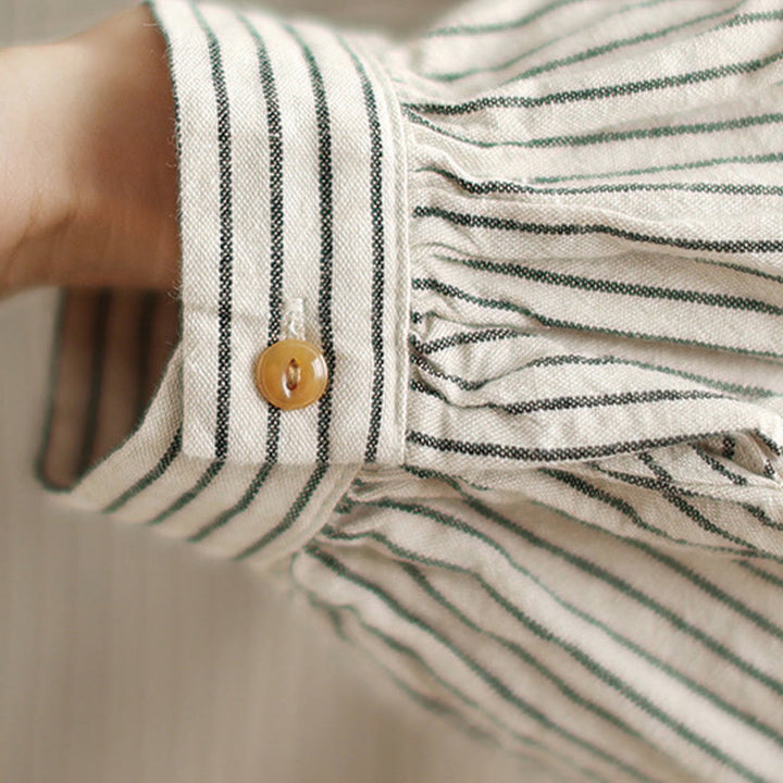Camicia da donna in lino e cotone con risvolto, a righe, a maniche lunghe, con bottoni, con tasca, motivo a giunture casuali, motivo Buddha Stones Spring - image 13