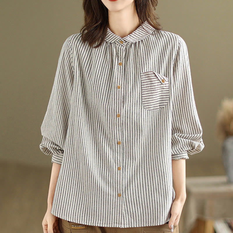 Camicia da donna in lino e cotone con risvolto, a righe, a maniche lunghe, con bottoni, con tasca, motivo a giunture casuali, motivo Buddha Stones Spring - image 10