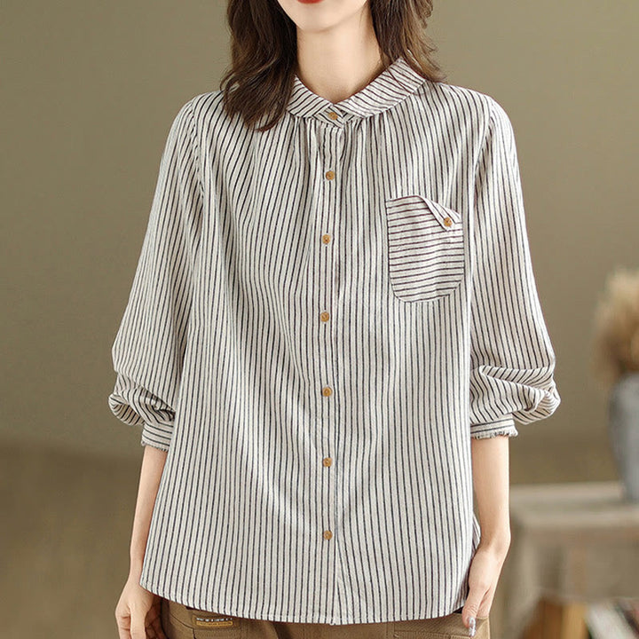Camicia da donna in lino e cotone con risvolto, a righe, a maniche lunghe, con bottoni, con tasca, motivo a giunture casuali, motivo Buddha Stones Spring - image 10
