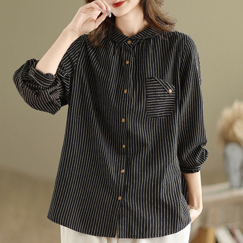 Camicia da donna in lino e cotone con risvolto, a righe, a maniche lunghe, con bottoni, con tasca, motivo a giunture casuali, motivo Buddha Stones Spring - image 1