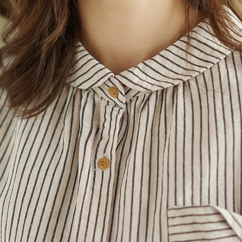 Camicia da donna in lino e cotone con risvolto, a righe, a maniche lunghe, con bottoni, con tasca, motivo a giunture casuali, motivo Buddha Stones Spring - image 12