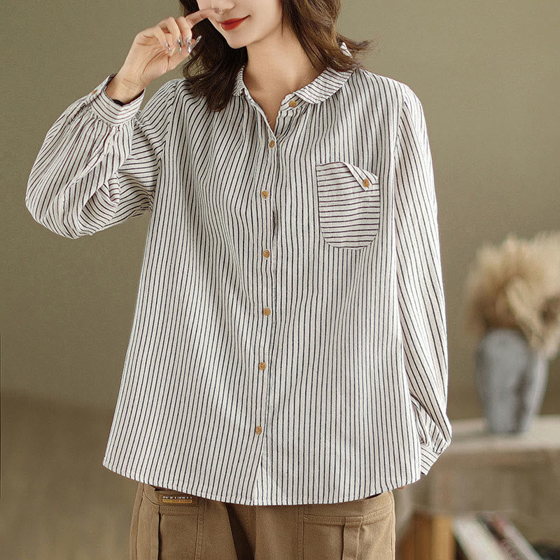 Camicia da donna in lino e cotone con risvolto, a righe, a maniche lunghe, con bottoni, con tasca, motivo a giunture casuali, motivo Buddha Stones Spring - Fumo bianco - US8-10, UK/AU12-14, EU40-42 (2XL) - image 6