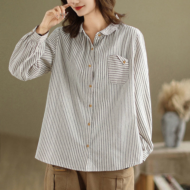 Camicia da donna in lino e cotone con risvolto, a righe, a maniche lunghe, con bottoni, con tasca, motivo a giunture casuali, motivo Buddha Stones Spring - Fumo bianco - US8-10, UK/AU12-14, EU40-42 (2XL) - image 6