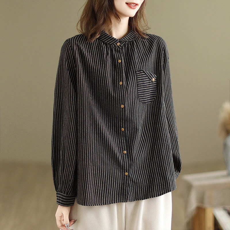 Camicia da donna in lino e cotone con risvolto, a righe, a maniche lunghe, con bottoni, con tasca, motivo a giunture casuali, motivo Buddha Stones Spring - image 3