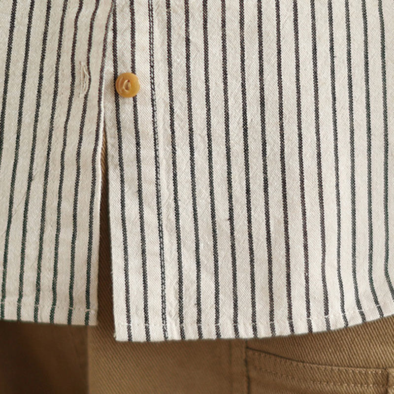 Camicia da donna in lino e cotone con risvolto, a righe, a maniche lunghe, con bottoni, con tasca, motivo a giunture casuali, motivo Buddha Stones Spring - image 15