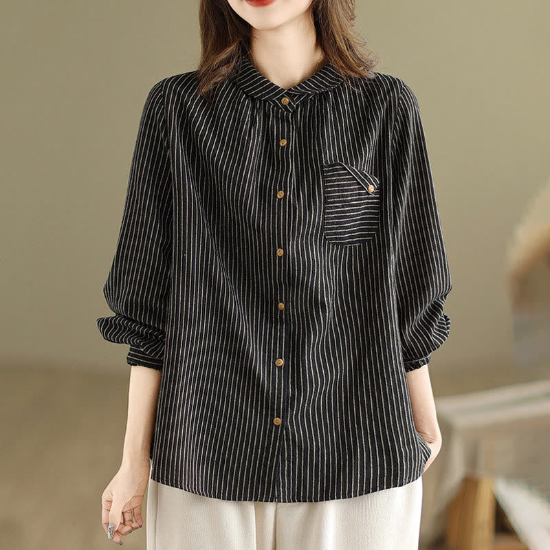 Camicia da donna in lino e cotone con risvolto, a righe, a maniche lunghe, con bottoni, con tasca, motivo a giunture casuali, motivo Buddha Stones Spring - Nero - US8-10, UK/AU12-14, EU40-42 (2XL) - image 0