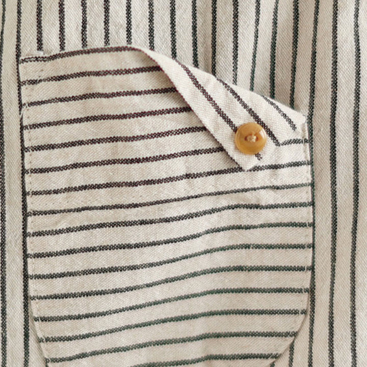 Camicia da donna in lino e cotone con risvolto, a righe, a maniche lunghe, con bottoni, con tasca, motivo a giunture casuali, motivo Buddha Stones Spring - image 14