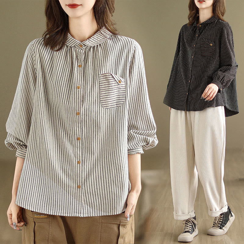 Camicia da donna in lino e cotone con risvolto, a righe, a maniche lunghe, con bottoni, con tasca, motivo a giunture casuali, motivo Buddha Stones Spring - image 16