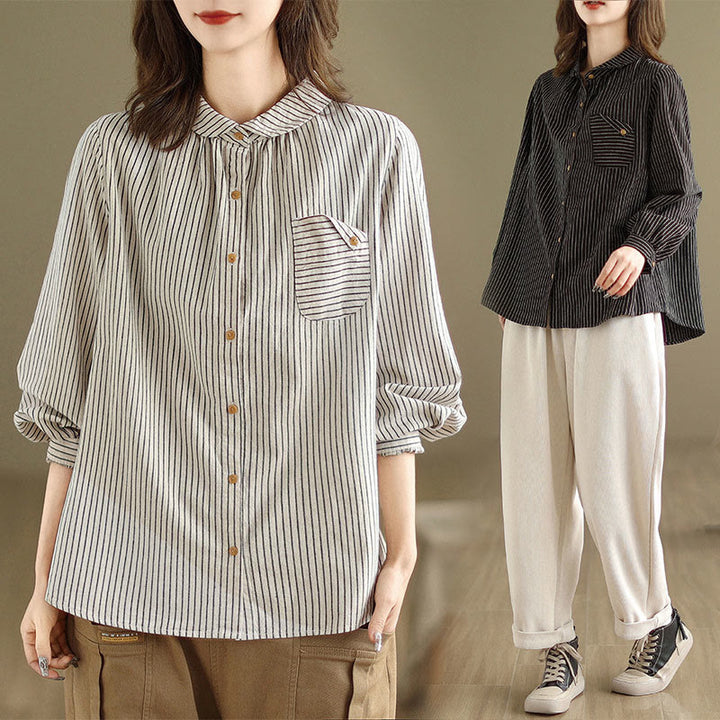 Camicia da donna in lino e cotone con risvolto, a righe, a maniche lunghe, con bottoni, con tasca, motivo a giunture casuali, motivo Buddha Stones Spring - image 16