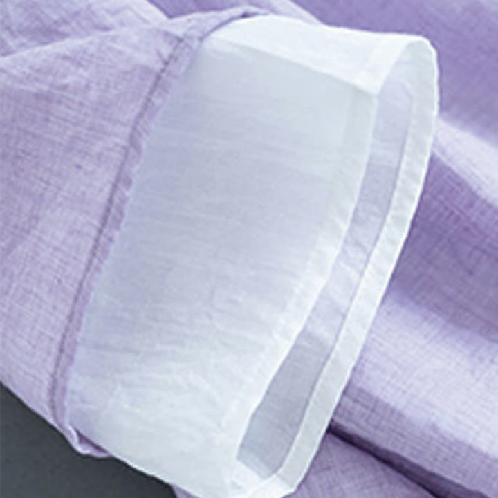 Camicia da donna in cotone e lino con collo alla coreana, maniche a tre quarti, ricamo a fiori con Buddha Stones e bottoni a rana