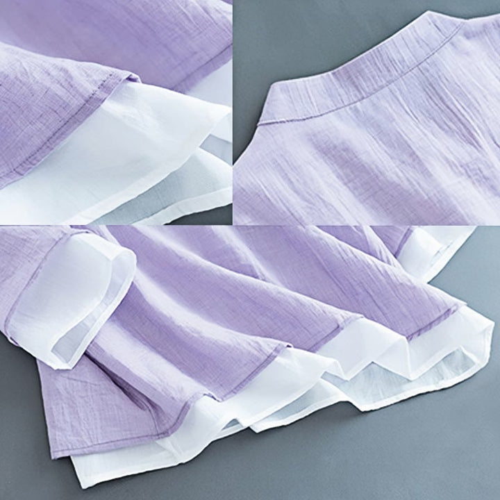 Camicia da donna in cotone e lino con collo alla coreana, maniche a tre quarti, ricamo a fiori con Buddha Stones e bottoni a rana