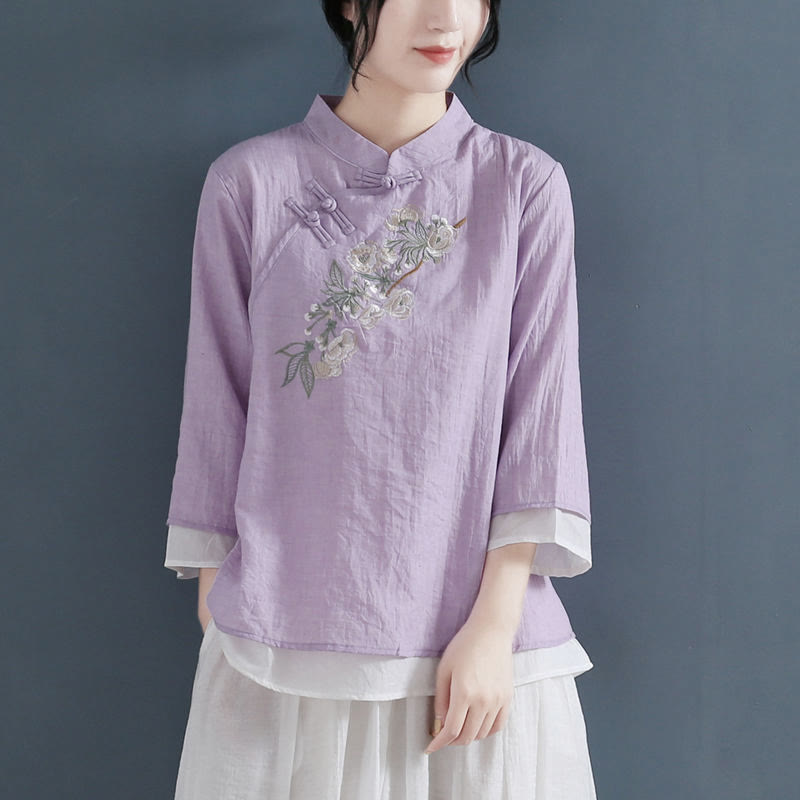 Camicia da donna in cotone e lino con collo alla coreana, maniche a tre quarti, ricamo a fiori con Buddha Stones e bottoni a rana - Viola - US12, UK/AU16, EU44 (3XL) - image 7