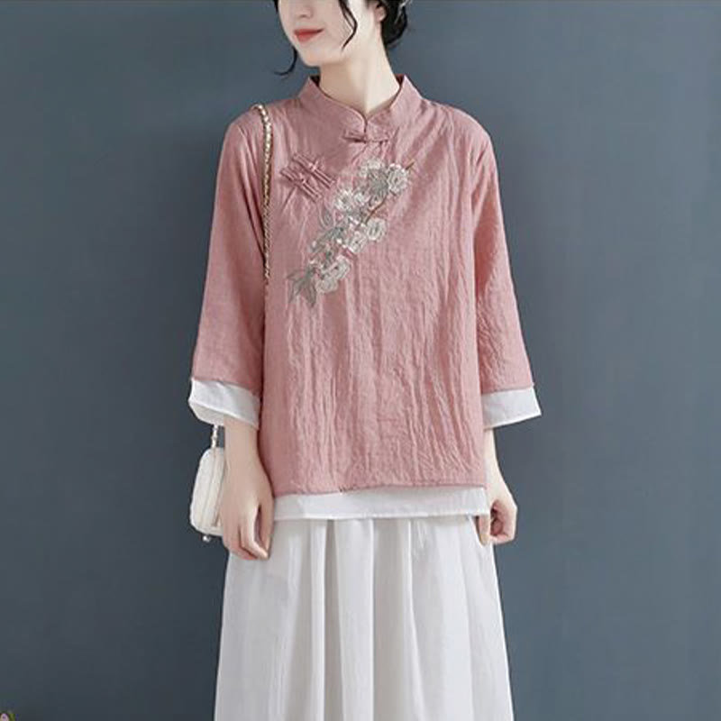 Camicia da donna in cotone e lino con collo alla coreana, maniche a tre quarti, ricamo a fiori con Buddha Stones e bottoni a rana