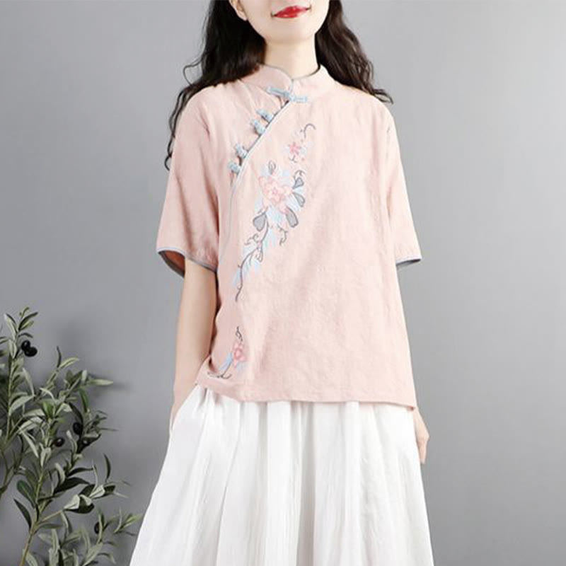 Camicia da donna in cotone e lino con collo alla coreana, bottoni a rana, manica corta, ricamo floreale estivo Buddha Stones - image 4