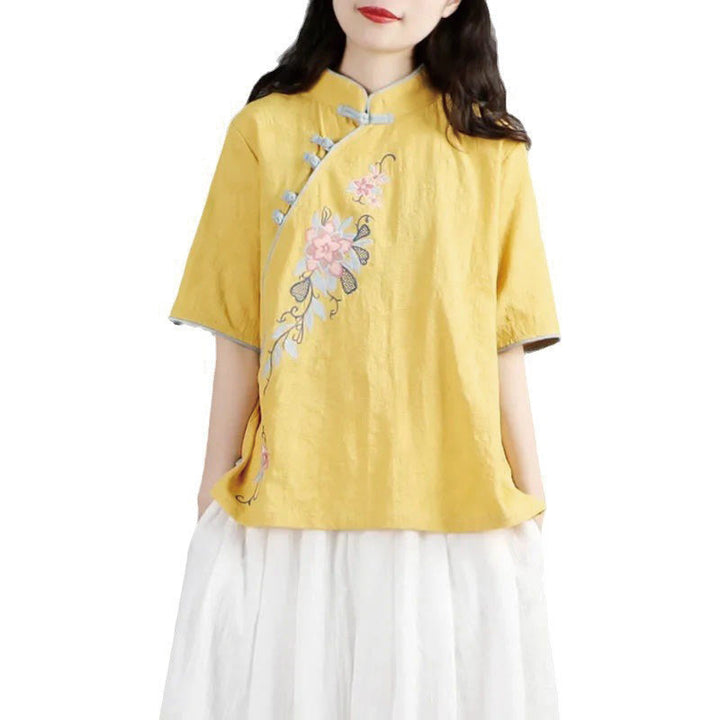 Camicia da donna in cotone e lino con collo alla coreana, bottoni a rana, manica corta, ricamo floreale estivo Buddha Stones - image 12