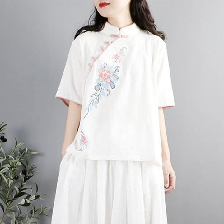 Camicia da donna in cotone e lino con collo alla coreana, bottoni a rana, manica corta, ricamo floreale estivo Buddha Stones - image 8