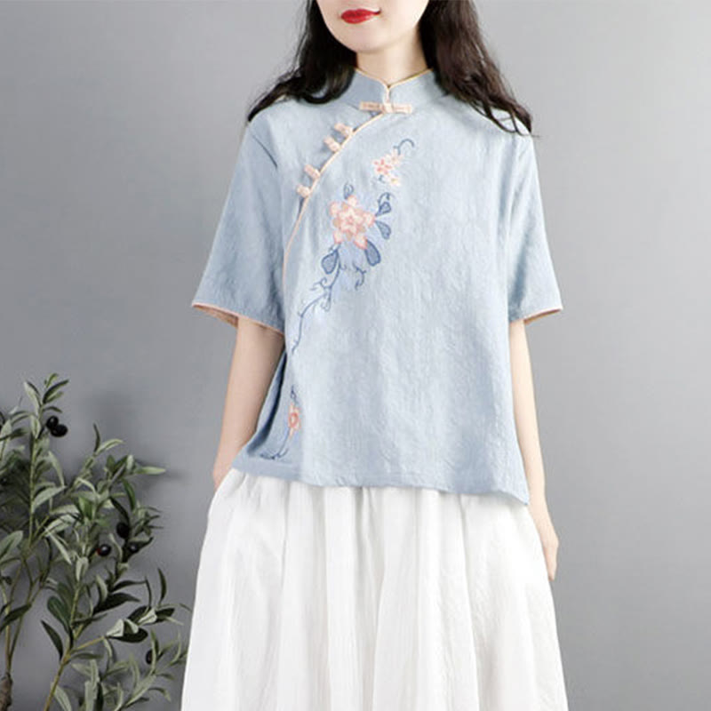 Camicia da donna in cotone e lino con collo alla coreana, bottoni a rana, manica corta, ricamo floreale estivo Buddha Stones - image 1