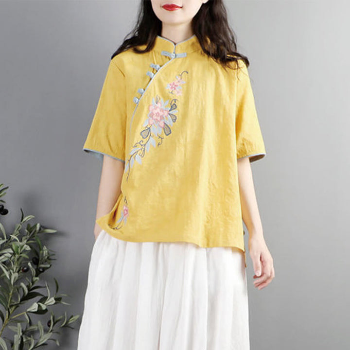 Camicia da donna in cotone e lino con collo alla coreana, bottoni a rana, manica corta, ricamo floreale estivo Buddha Stones - image 11