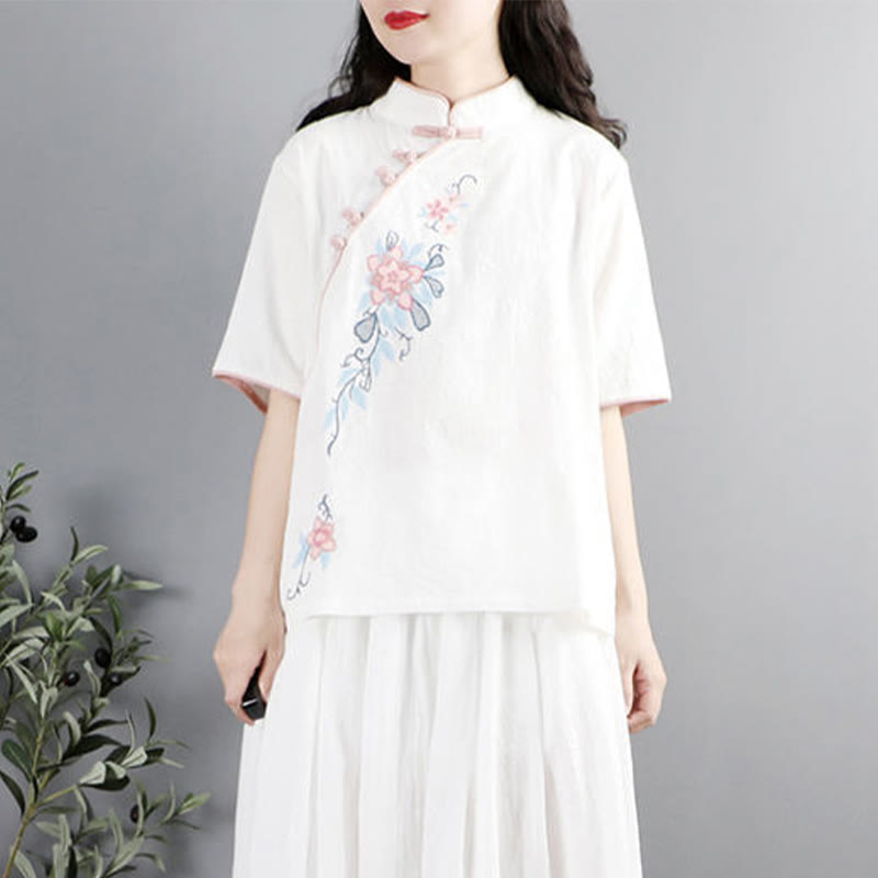 Camicia da donna in cotone e lino con collo alla coreana, bottoni a rana, manica corta, ricamo floreale estivo Buddha Stones - image 7