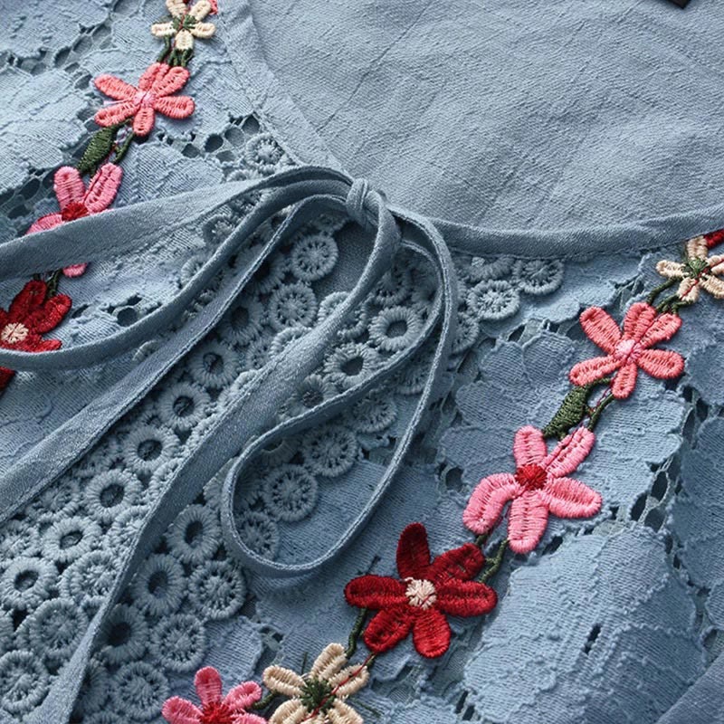 Camicia da donna in cotone con maniche a tre quarti e lacci, motivo a foro con ricamo floreale vintage Buddha Stones - image 10