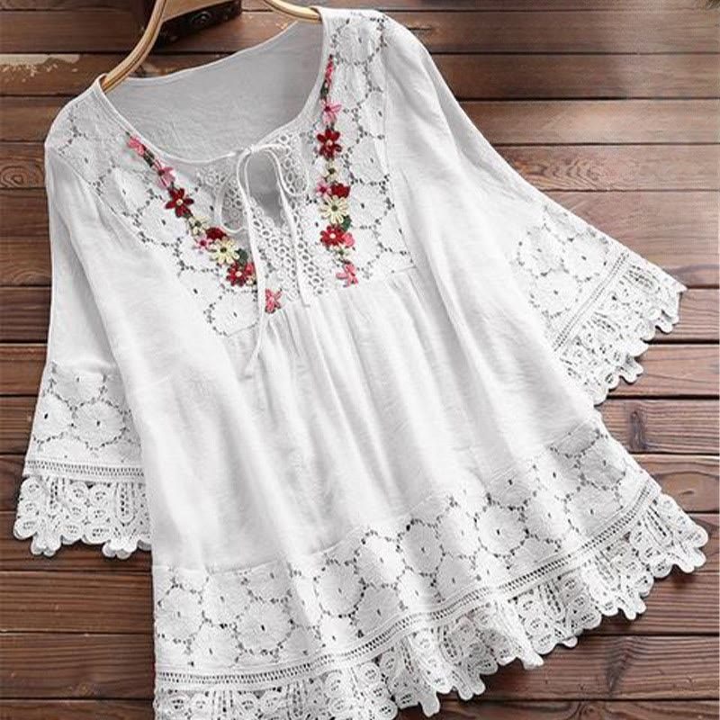 Camicia da donna in cotone con maniche a tre quarti e lacci, motivo a foro con ricamo floreale vintage Buddha Stones - Bianco - US16, UK/AU20, EU48 (5XL) - image 3
